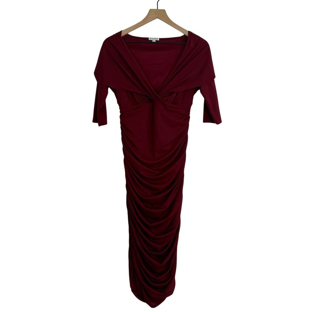 Kiyonna Bodycon Dress Size 0X,10,12 Burgundy Plunge V-Neck Ruched Half Sleeve